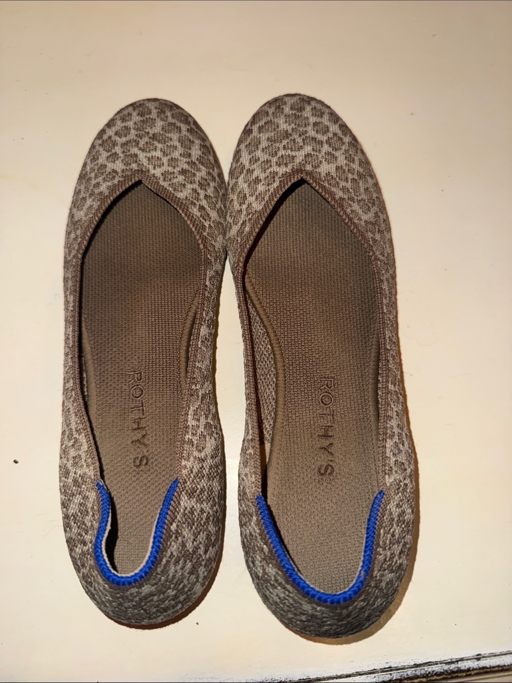 Rothy's Women's Taupe Leopard-Print Ballet Flats with Blue Trim